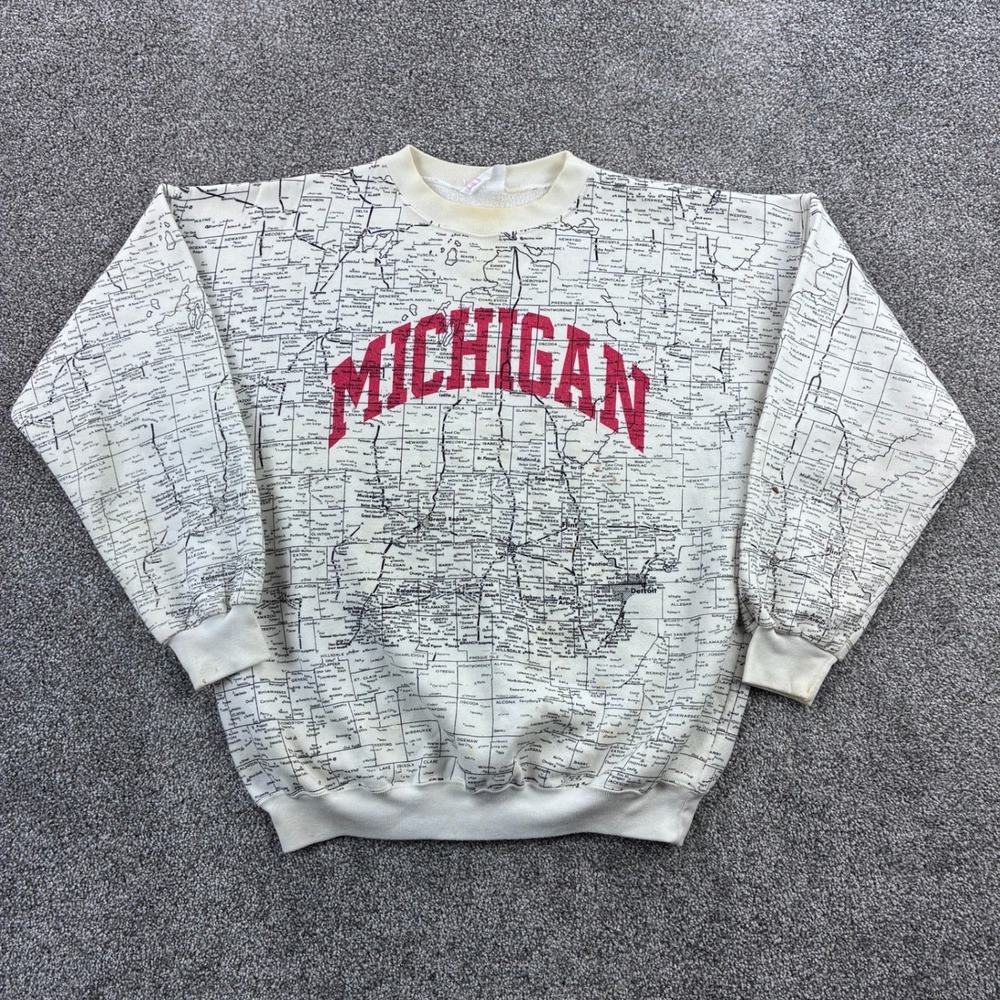 Vintage Michigan Map Sweatshirt Mens XL White Roads Crewneck Art Unlimited